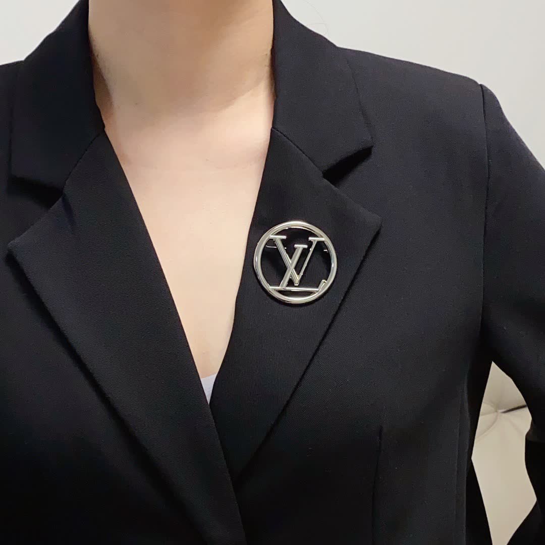 Louis Vuitton Brooch - Silver Circle with LV Logo